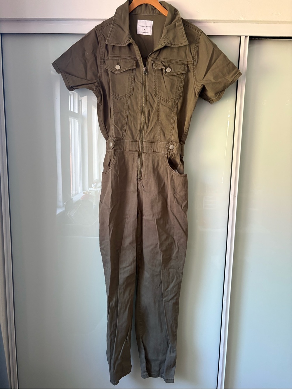 Celebrity Pink Short-Sleeve Utility Jumpsuit in Olive